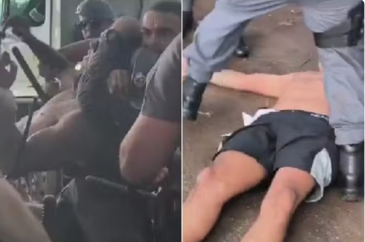 Ambulante leva mata-leão e cassetete de PMs em bloco; VÍDEO