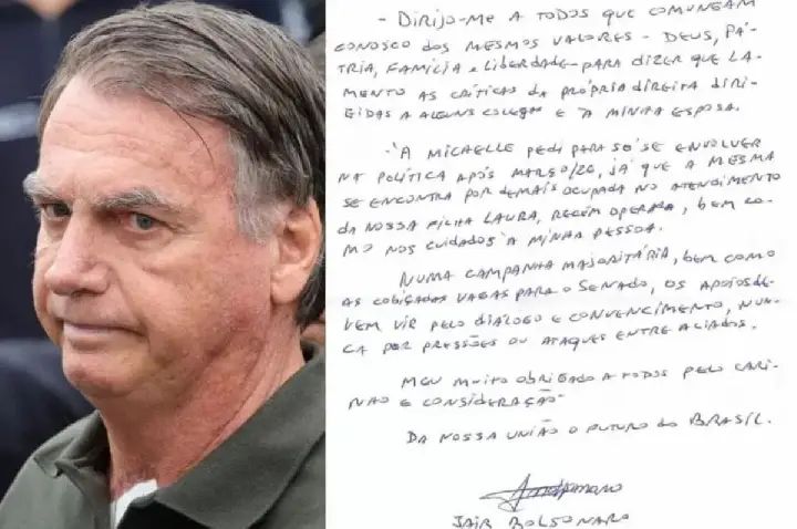 Bolsonaro diz em carta lamentar críticas da direita a Michelle