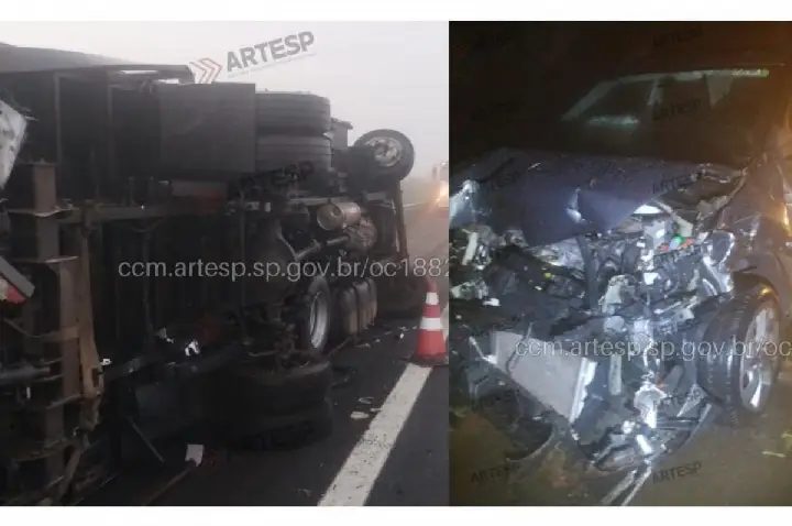 Caminhão tomba em rodovia e provoca acidente com 5 vítimas
