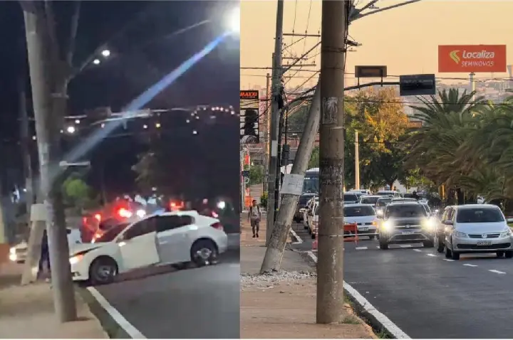Carro quebra poste e interdita trânsito da Nações em Bauru