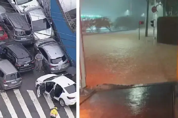 Carros são arrastados por enxurrada na Zona Sul de SP