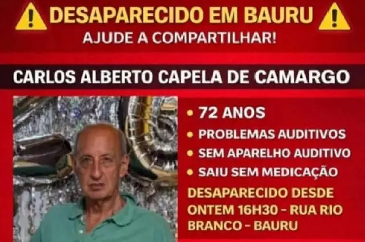 Familiares procuram idoso de 75 anos que desapareceu em Bauru
