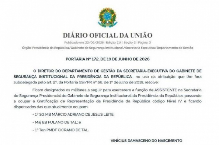 GSI nomeia 'Fulano de Tal' e 'Cicrano de Tal' à segurança de Lula