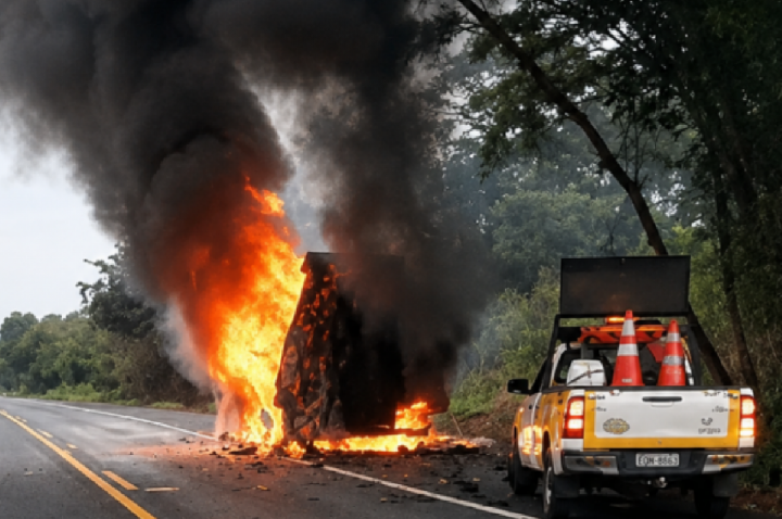 Incêndio destrói caminhão na Bauru-Arealva; VÍDEO