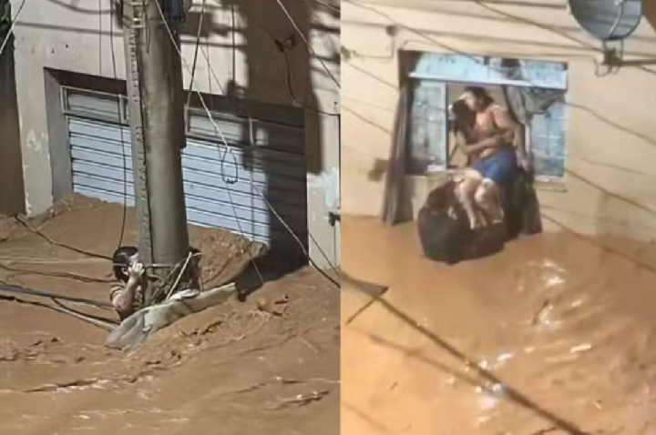 Mulher resiste à enxurrada por 3h agarrada a poste; VÍDEO