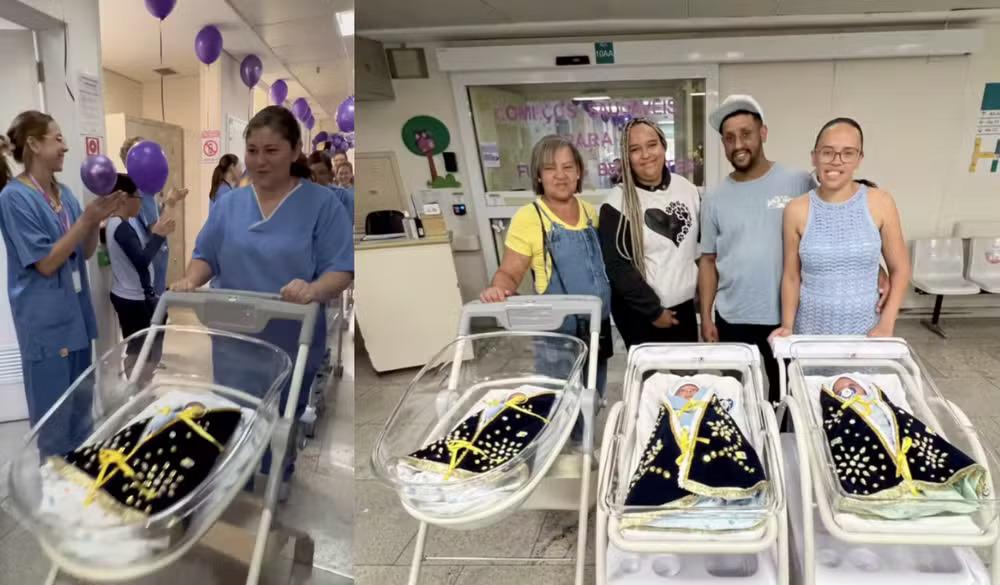 Primeiros trigêmeos nascidos de útero transplantado no mundo saem do hospital com manto de Nossa Senhora