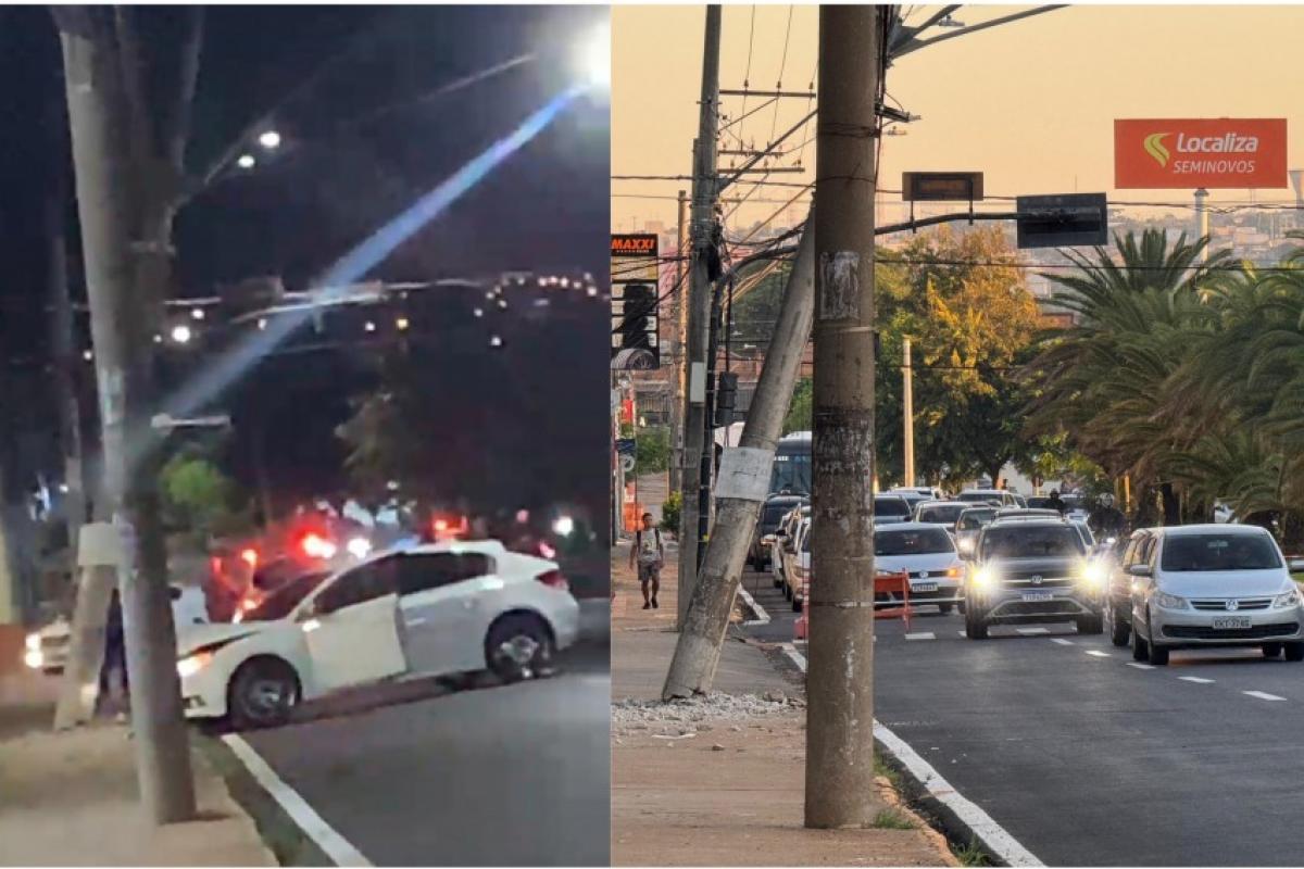 Carro quebra poste e interdita trânsito da Nações em Bauru