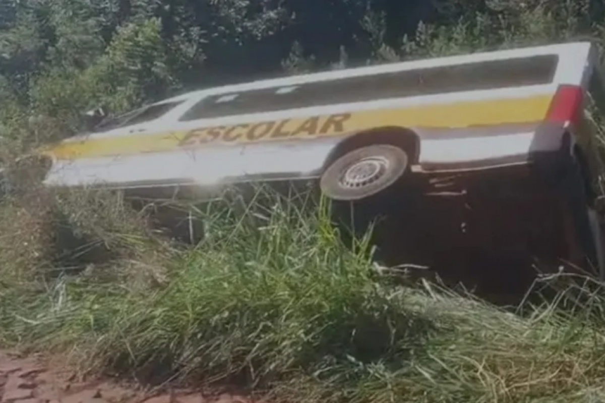 Van escolar cheia de crianças tomba após falha mecânica
