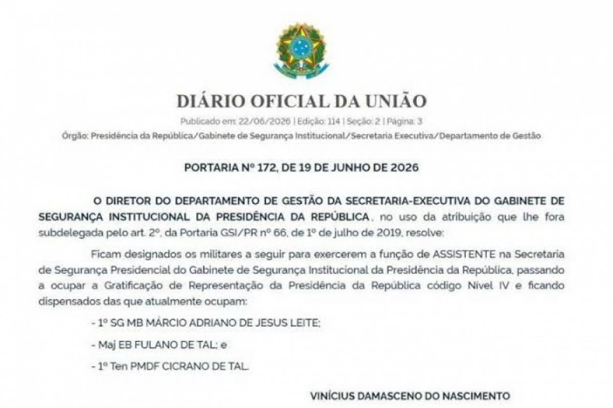 GSI nomeia 'Fulano de Tal' e 'Cicrano de Tal' à segurança de Lula