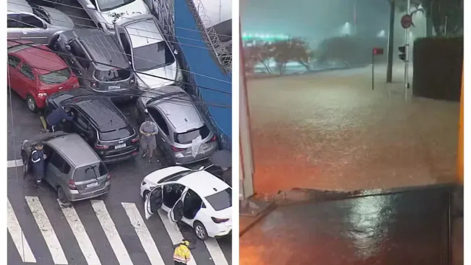 Carros são arrastados por enxurrada na Zona Sul de SP