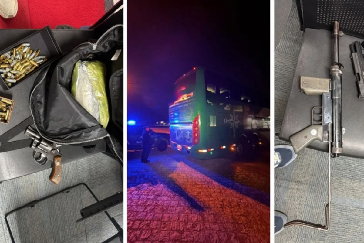 Fundo falso em ônibus escondia drogas e até submetralhadora
